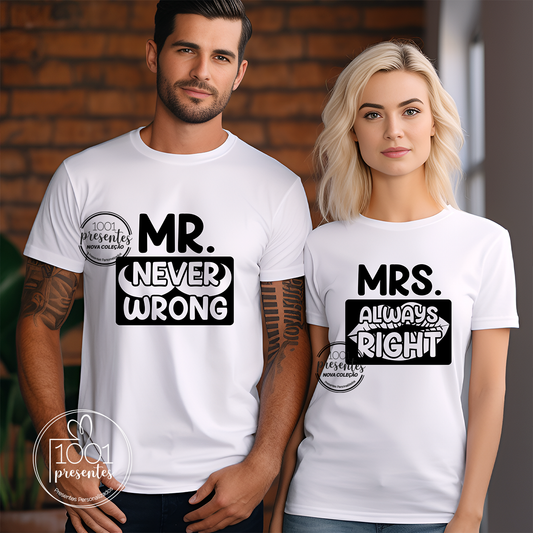 T-shirt namorados "Mrs. Rigth/ Sra. Sempre certa"