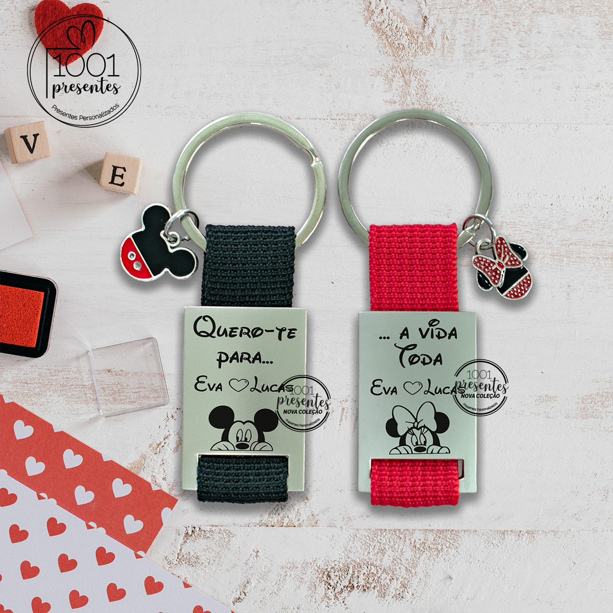 Conjunto de porta-chaves Minnie e Mickey "Quero-te para sempre"