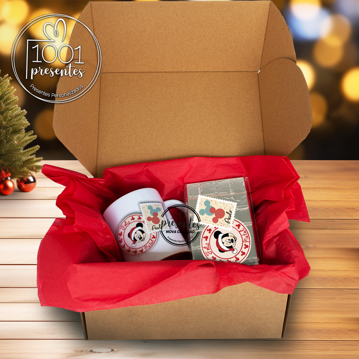 kit caneca e chocolate Mickey/Minnie "Feliz natal"